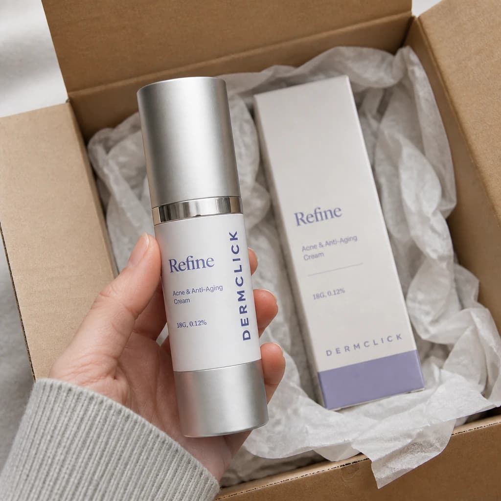 DermClick prescription bottle and box inside a delivery package