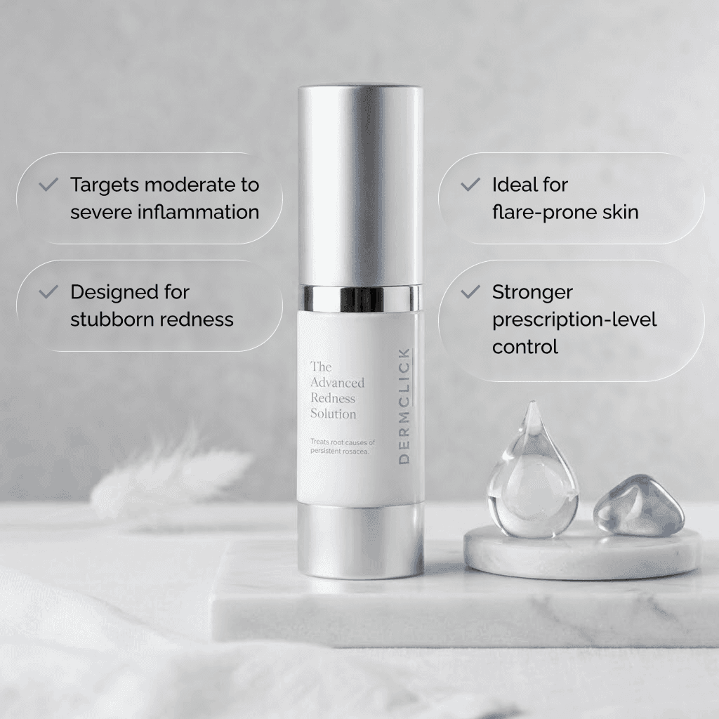 The Advanced Redness Solution ingredient callouts: azelaic acid, ivermectin, metronidazole