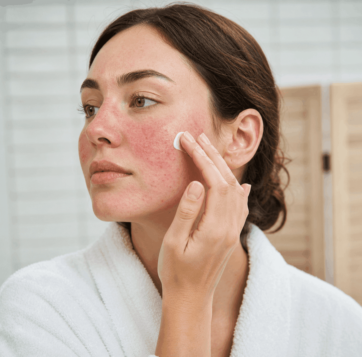 Applying rosacea treatment to skin with persistent redness