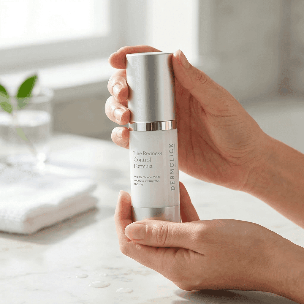 The Redness Control Formula bottle on marble