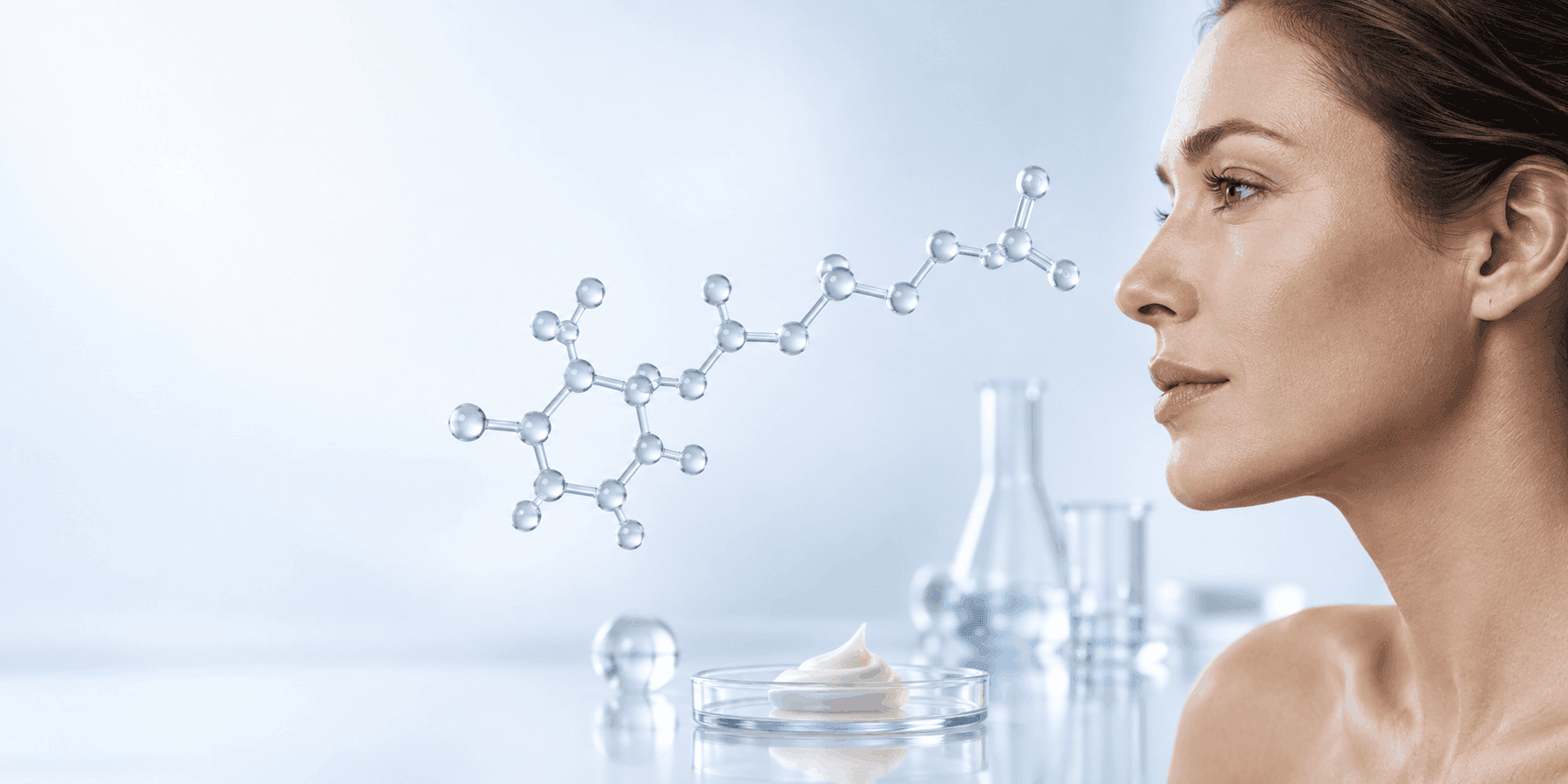 A woman's face beside a tretinoin molecular structure illustration and a dish of cream