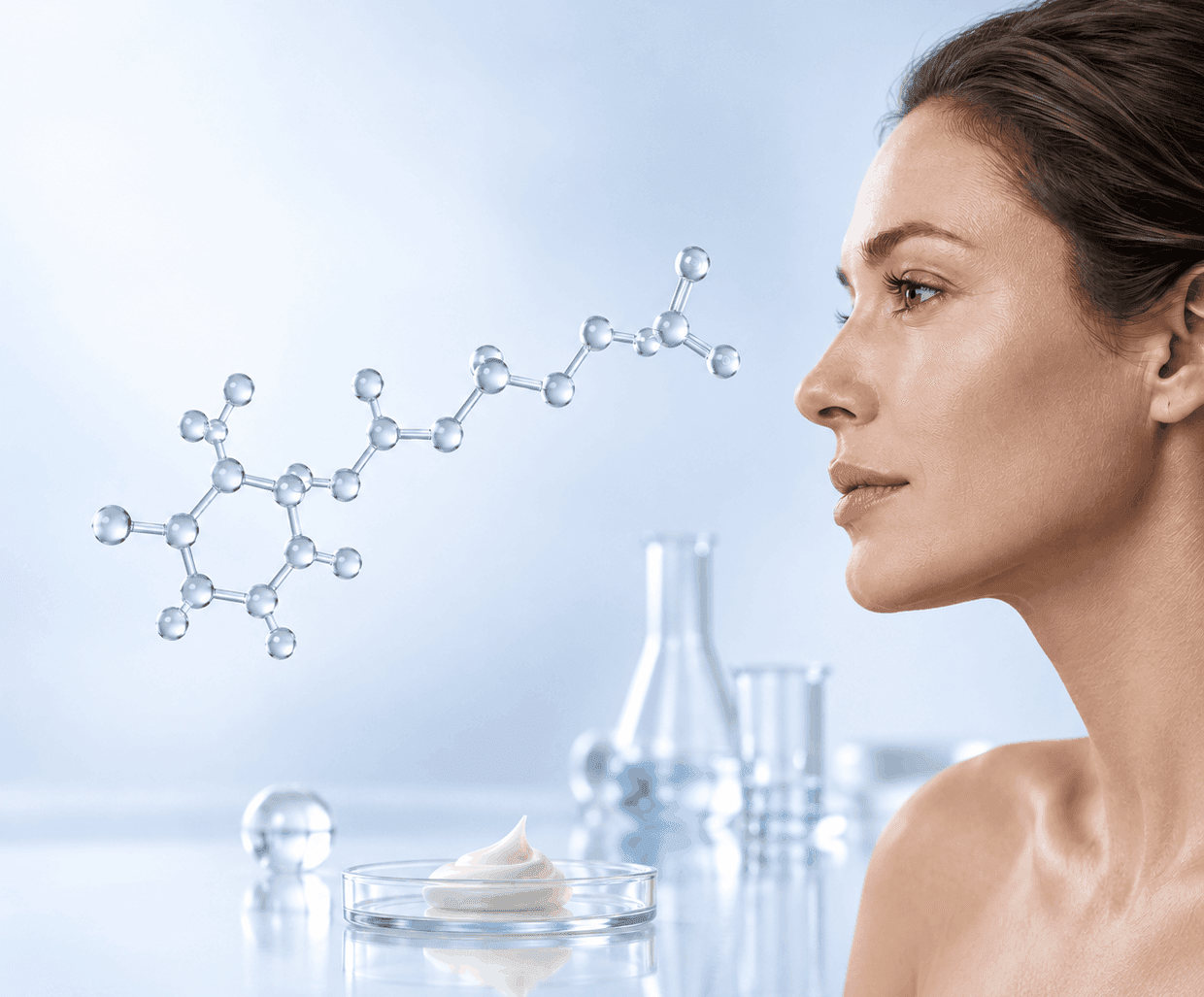 A woman's face beside a tretinoin molecular structure illustration and a dish of cream