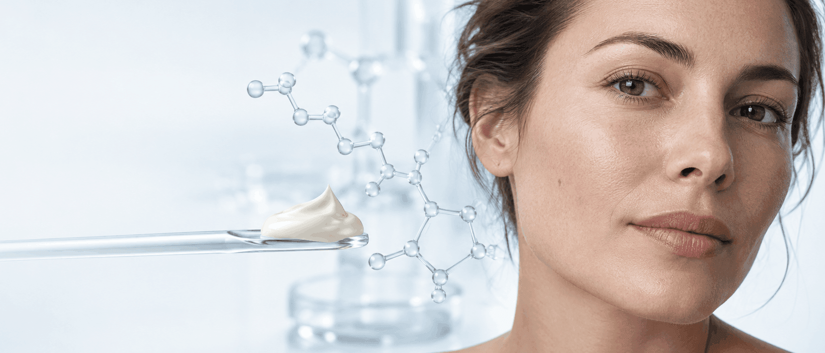 A dollop of tretinoin cream on a glass rod beside a molecular structure illustration and a woman's face
