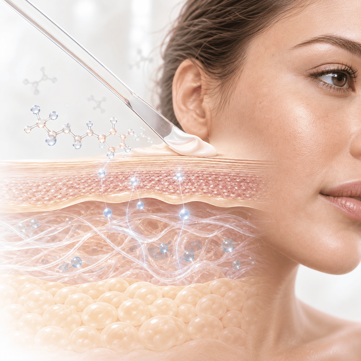 Illustration of tretinoin cream absorbing through the layers of skin, beside a woman's face