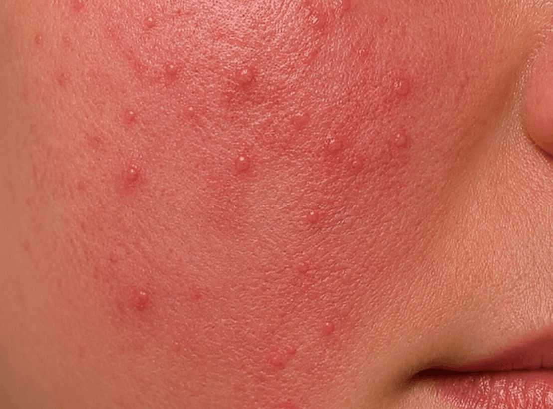 Close-up of cheek showing rosacea papules and pustules