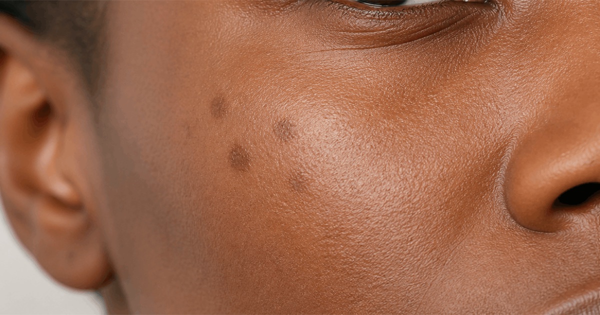 Close-up of a cheek showing brown post-acne marks