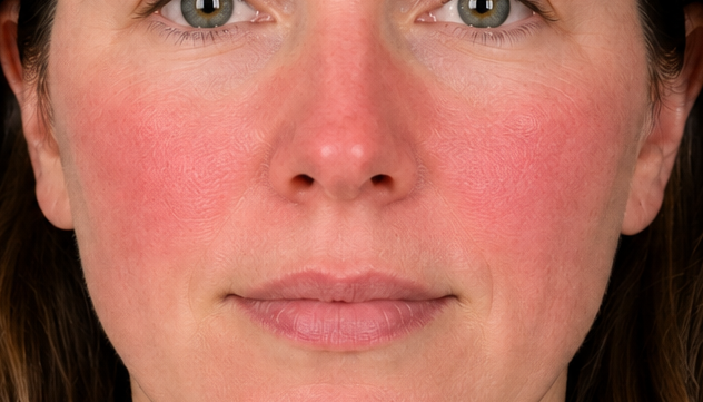 Close-up of face showing flushing across the cheeks and nose